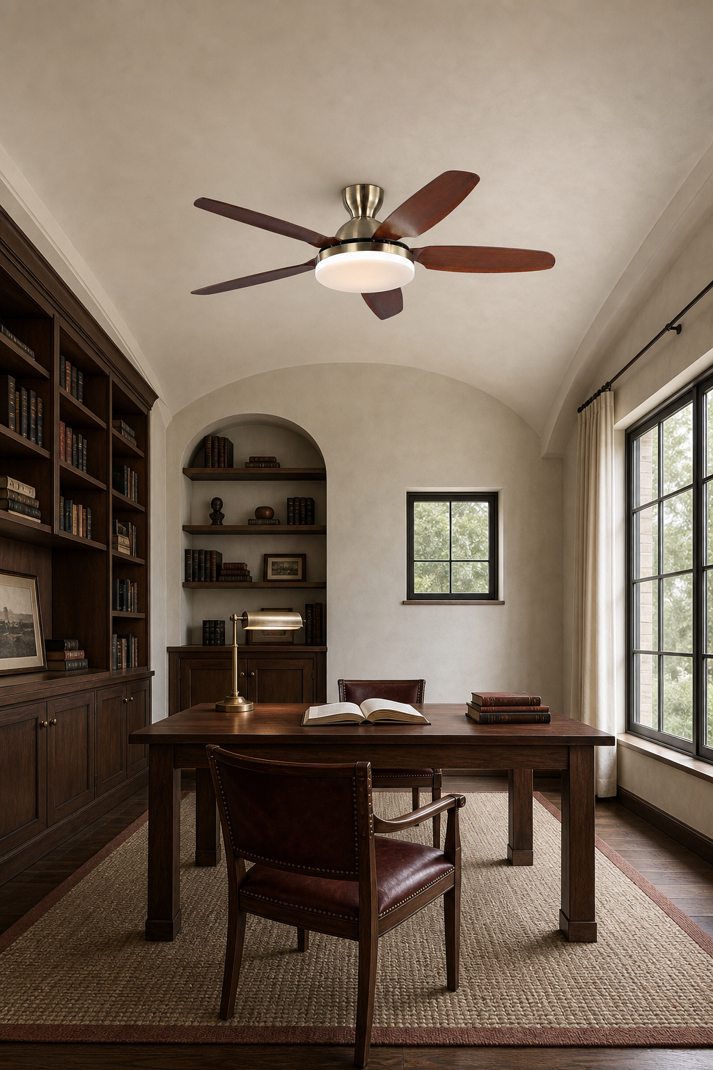 Antique Brass Bowl-Light Ceiling Fan - FAN927-B-01 — formal library room scene