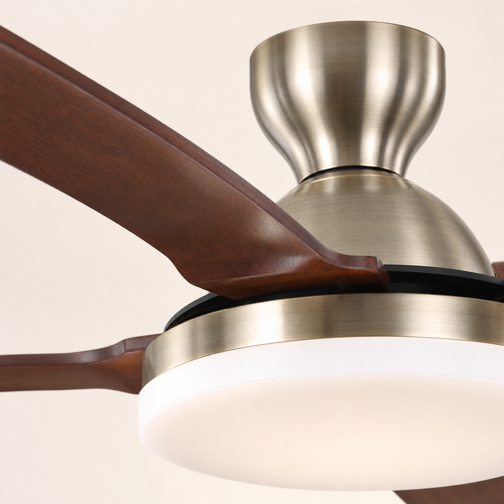 Antique Brass Bowl-Light Ceiling Fan - FAN927-B-01 — housing blade joint close-up