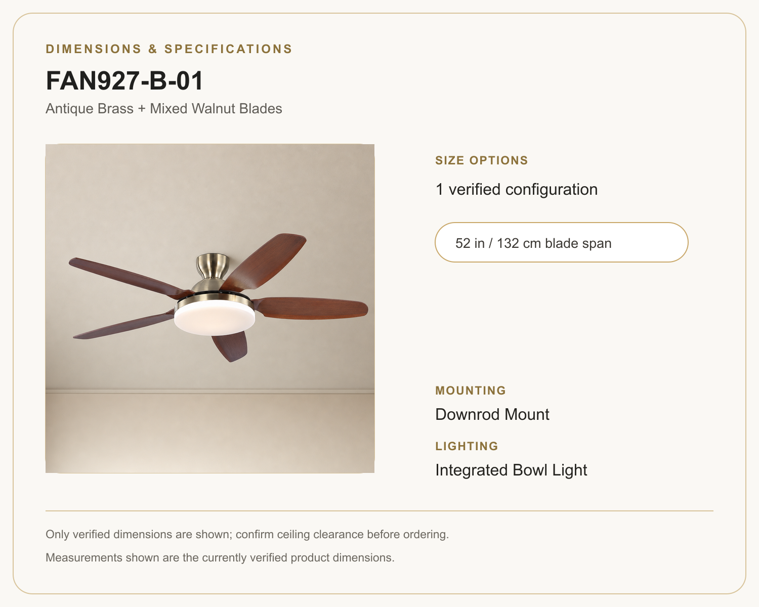 FAN927-B-01 ceiling fan dimensions and specifications