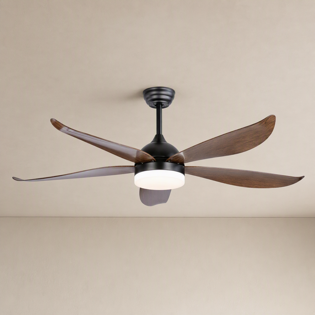 Black and Dark Wood-Look Ceiling Fan with Light - FAN928-01 — Black + Dark Wood-Look Blades clean installed product view on a warm neutral ceiling background