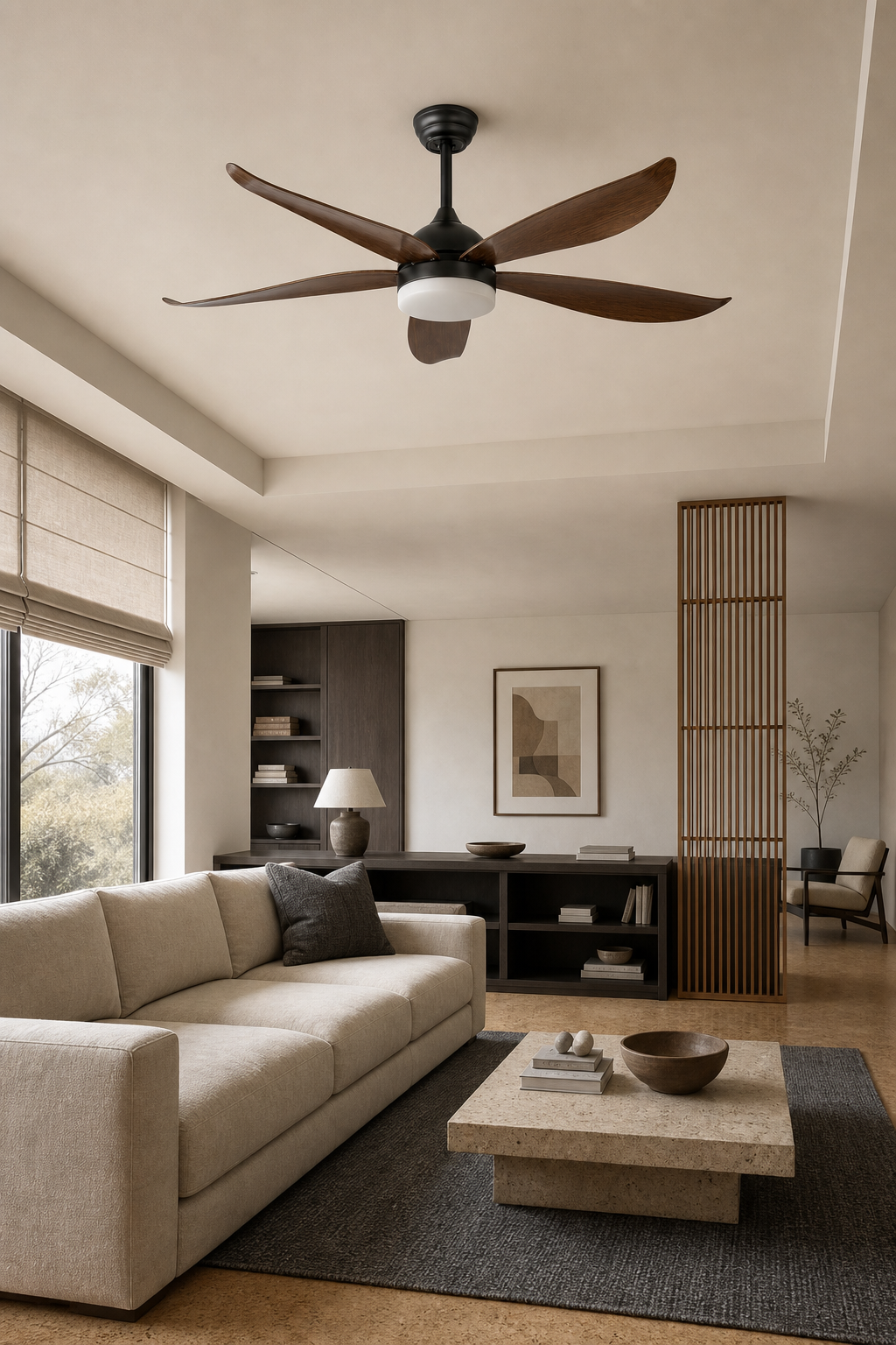 Black and Dark Wood-Look Ceiling Fan with Light - FAN928-01 — double height living room scene
