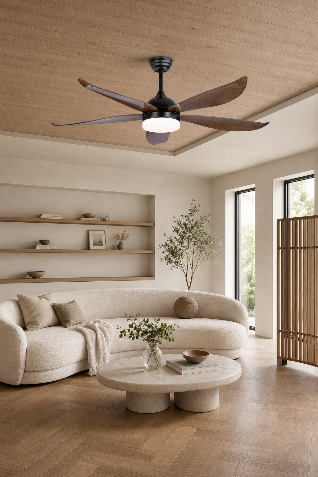 Black and Dark Wood-Look Ceiling Fan with Light - FAN928-01 — scandinavian living room scene