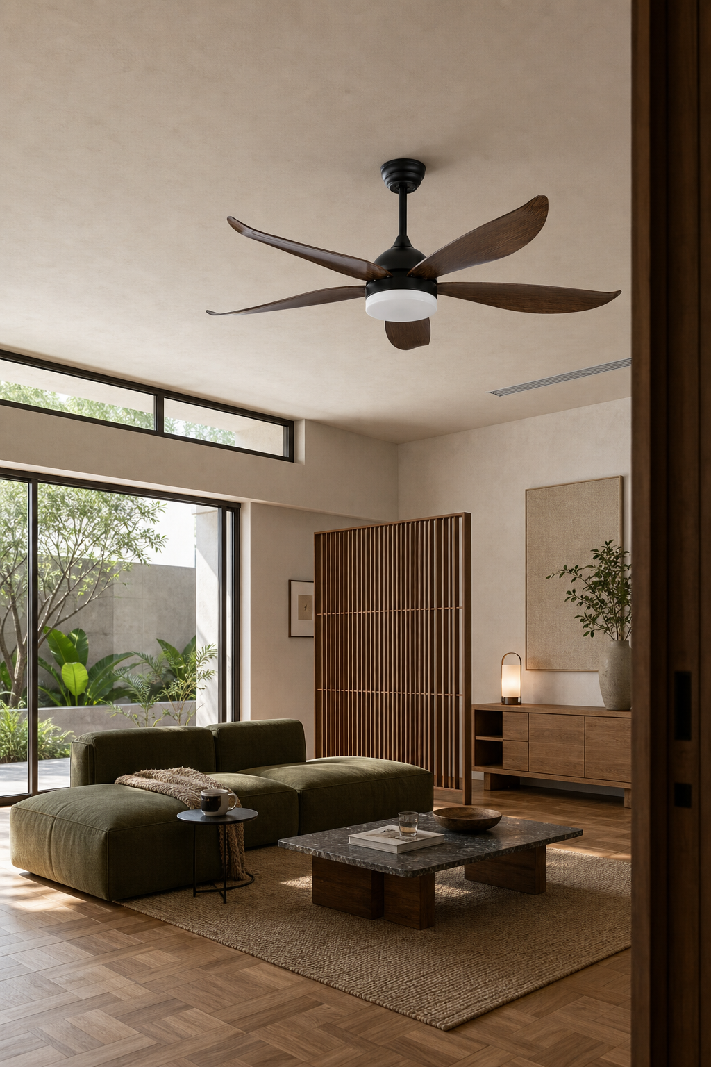 Black and Dark Wood-Look Ceiling Fan with Light - FAN928-01 — courtyard lounge room scene