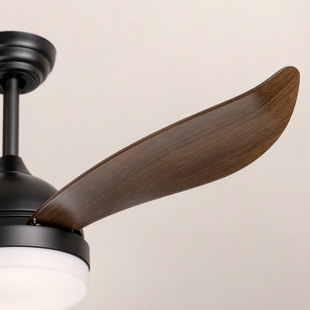 Black and Dark Wood-Look Ceiling Fan with Light - FAN928-01 — blade material edge close-up
