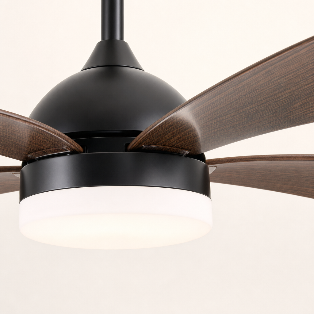 Black and Dark Wood-Look Ceiling Fan with Light - FAN928-01 — housing blade joint close-up