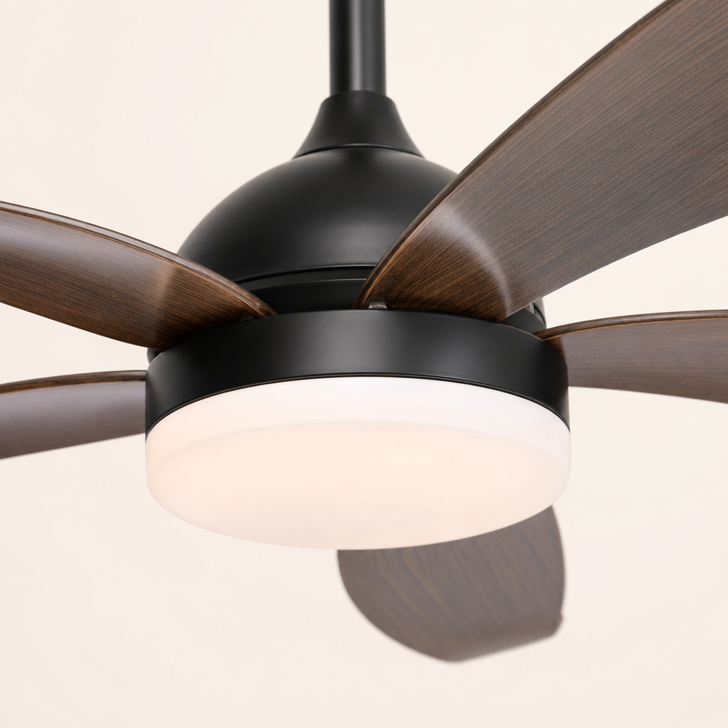 Black and Dark Wood-Look Ceiling Fan with Light - FAN928-01 — light diffuser trim close-up