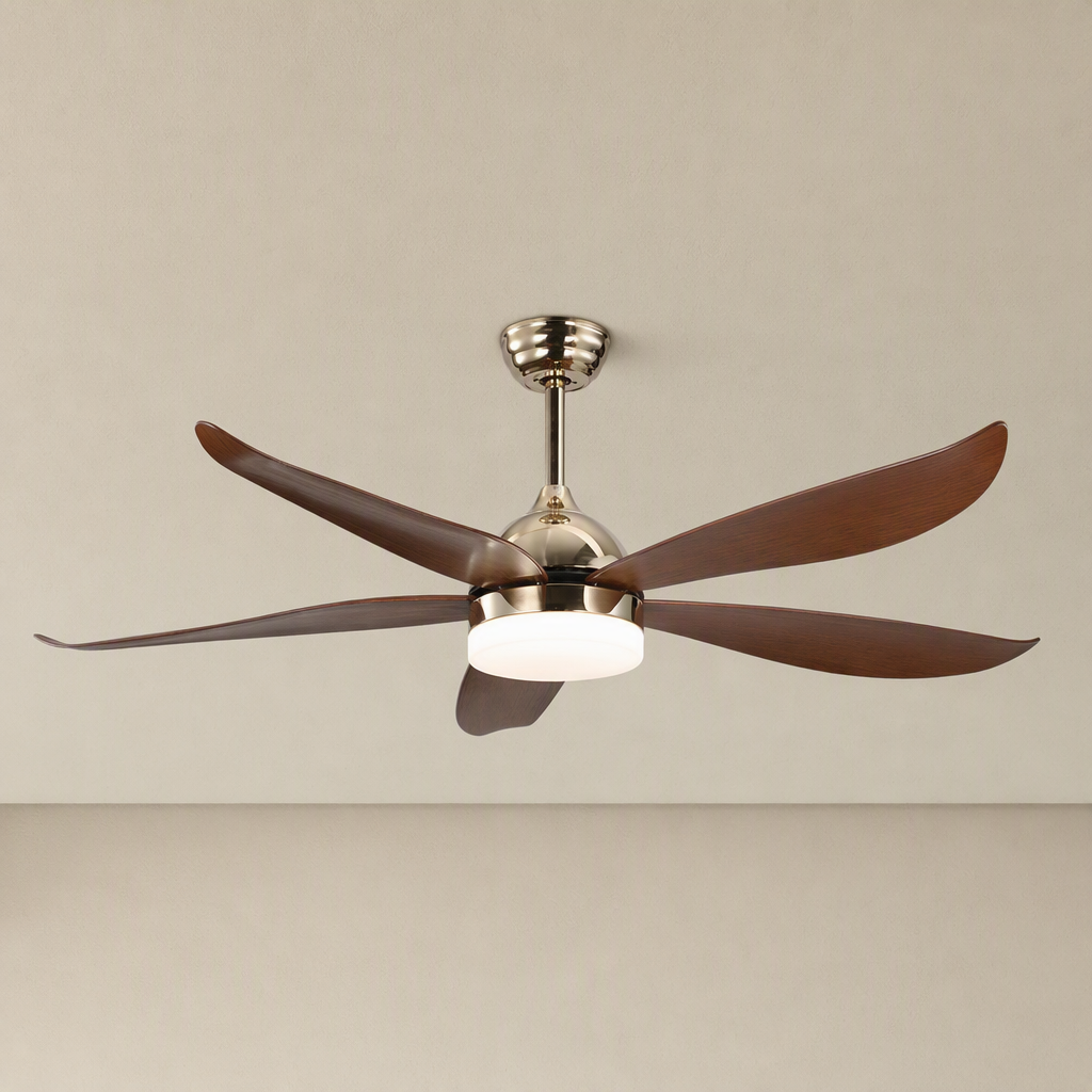 French Gold Ceiling Fan with Light - FAN928-02 — French Gold + Dark Wood-Look Blades clean installed product view on a warm neutral ceiling background
