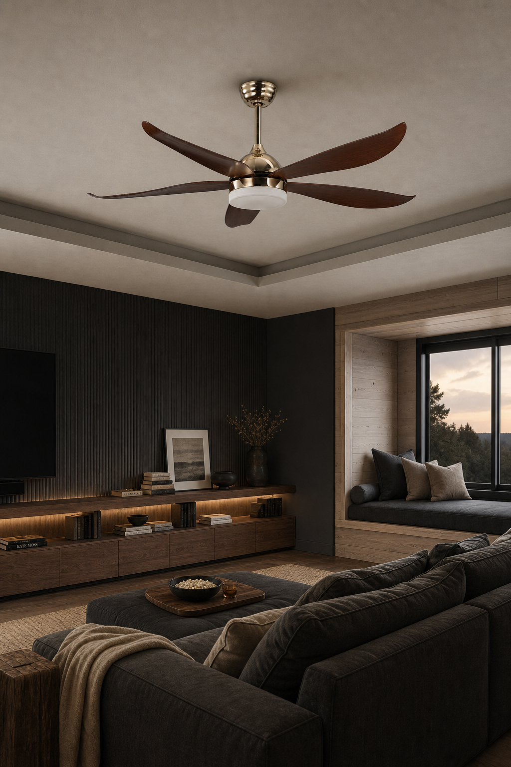 French Gold Ceiling Fan with Light - FAN928-02 — media den room scene