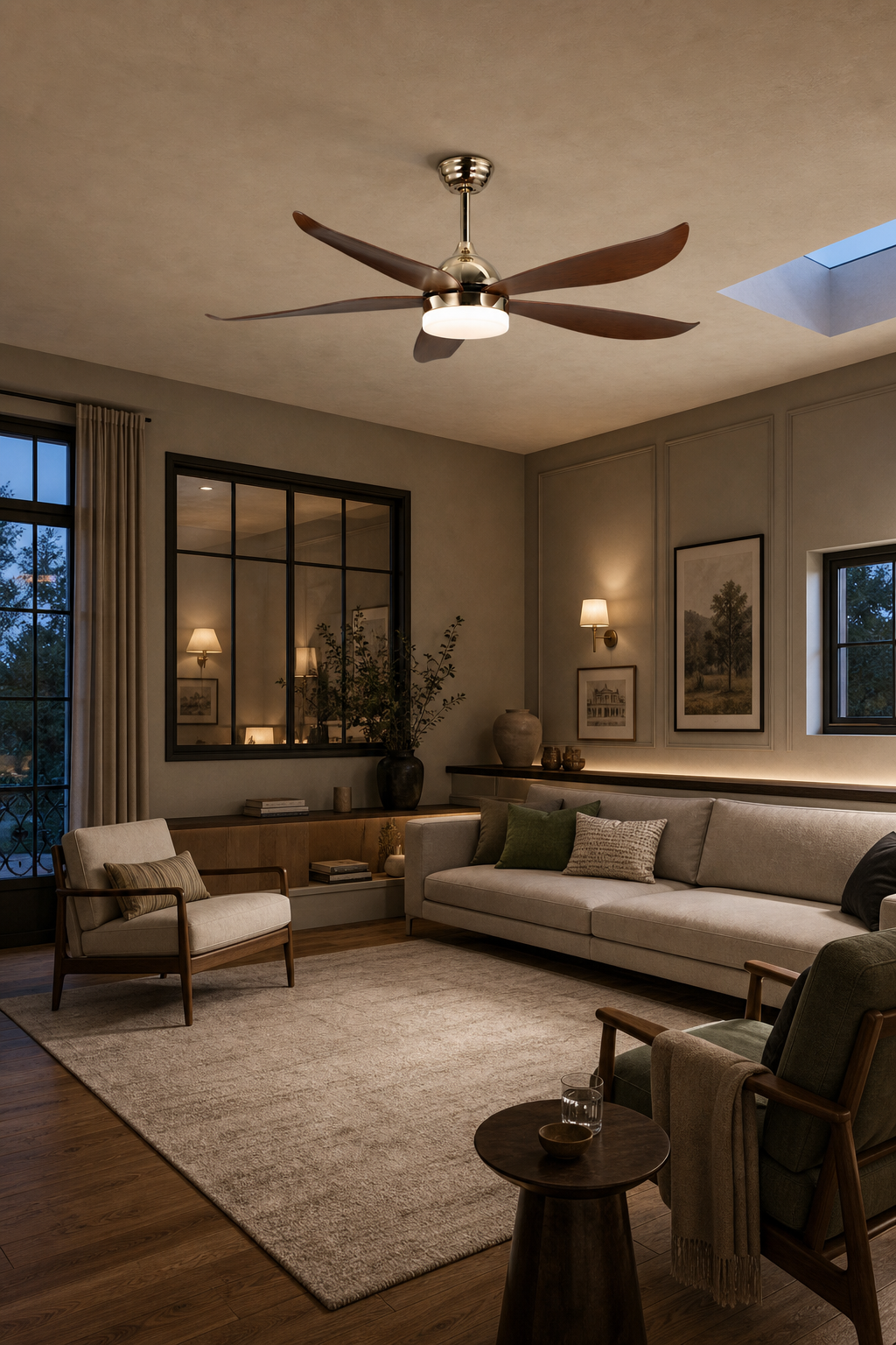 French Gold Ceiling Fan with Light - FAN928-02 — panelled salon room scene