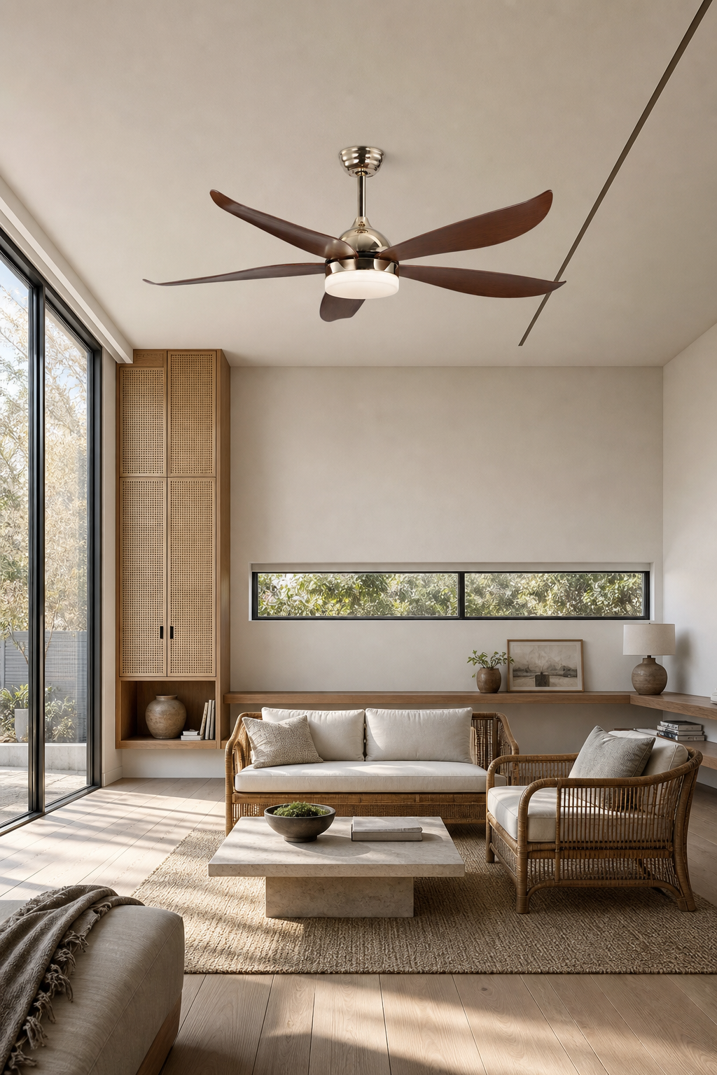 French Gold Ceiling Fan with Light - FAN928-02 — winter garden room scene