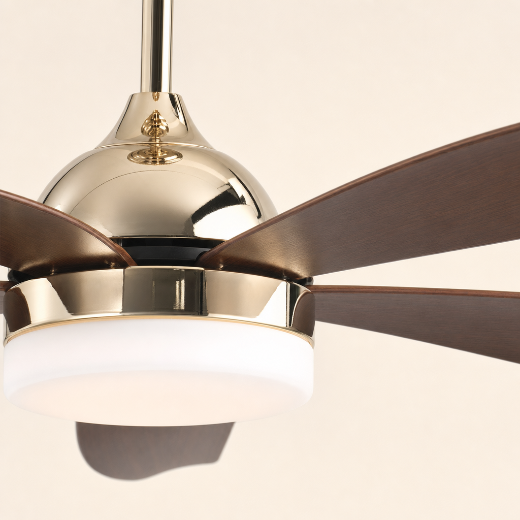French Gold Ceiling Fan with Light - FAN928-02 — housing blade joint close-up