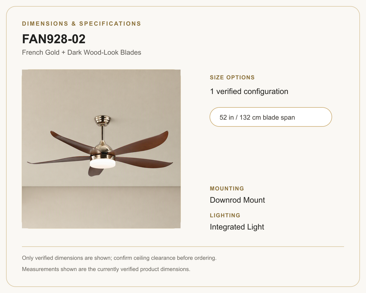 FAN928-02 ceiling fan dimensions and specifications