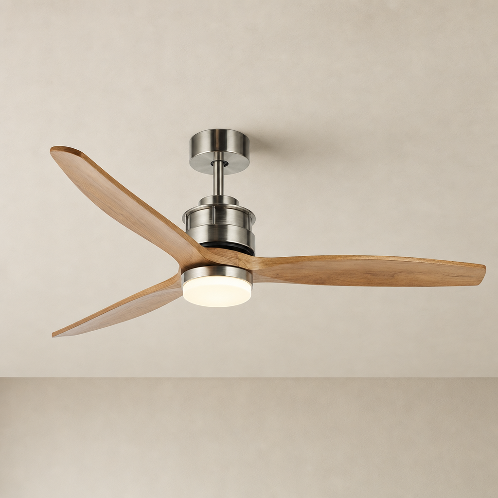 Satin Nickel and Natural Wood Ceiling Fan with Light - FAN929-A-01 — Satin Nickel + Natural Wood Blades clean installed product view on a warm neutral ceiling background