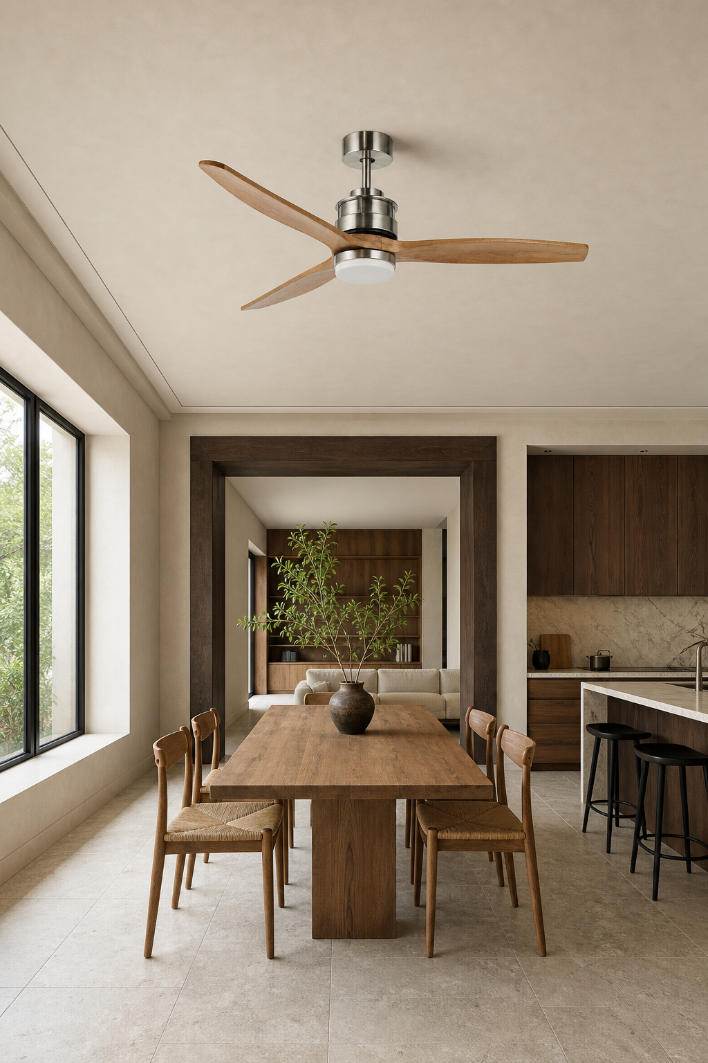Satin Nickel and Natural Wood Ceiling Fan with Light - FAN929-A-01 — open kitchen dining room scene