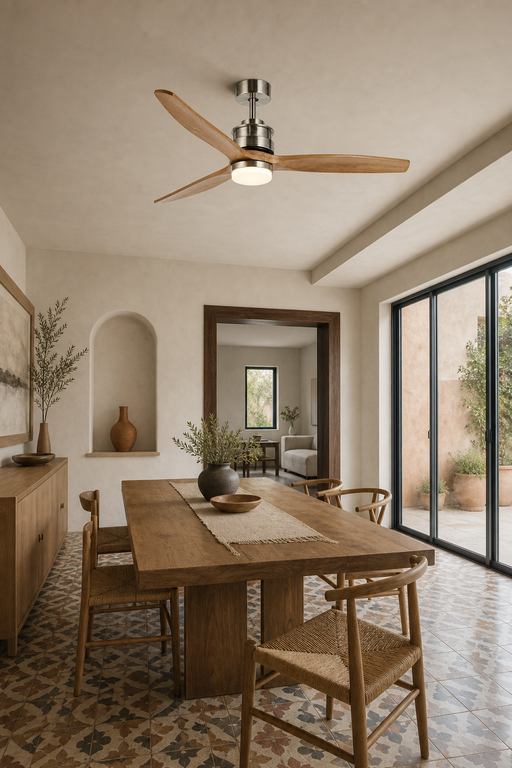 Satin Nickel and Natural Wood Ceiling Fan with Light - FAN929-A-01 — mediterranean dining room scene