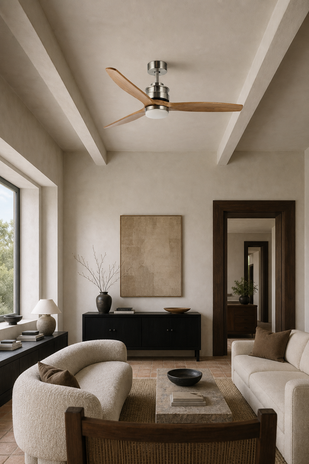 Satin Nickel and Natural Wood Ceiling Fan with Light - FAN929-A-01 — gallery sitting room room scene