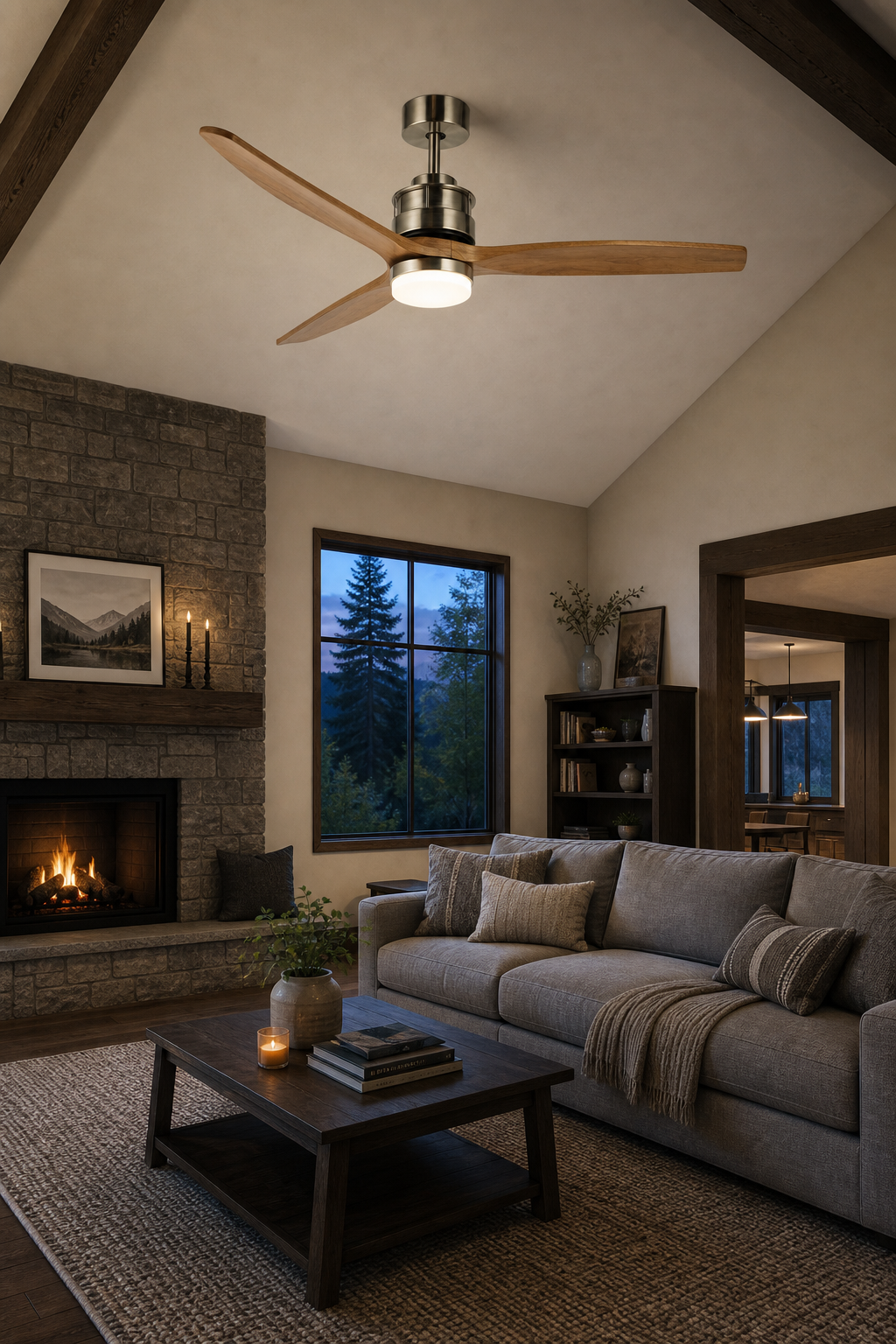 Satin Nickel and Natural Wood Ceiling Fan with Light - FAN929-A-01 — mountain great room room scene