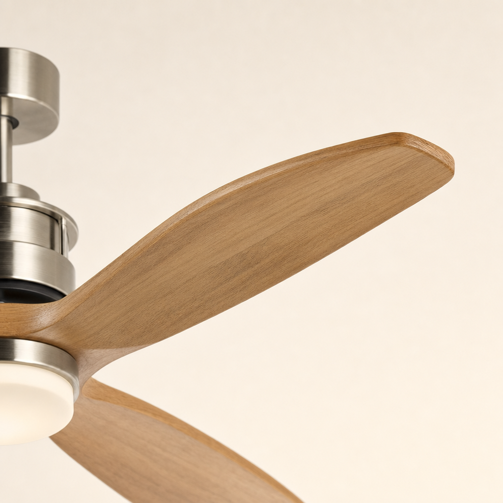 Satin Nickel and Natural Wood Ceiling Fan with Light - FAN929-A-01 — blade material edge close-up