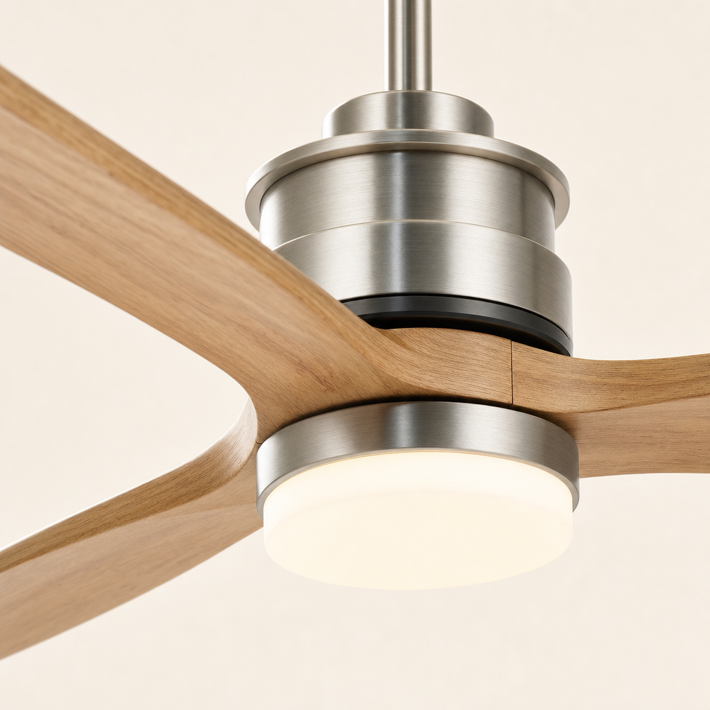 Satin Nickel and Natural Wood Ceiling Fan with Light - FAN929-A-01 — housing blade joint close-up