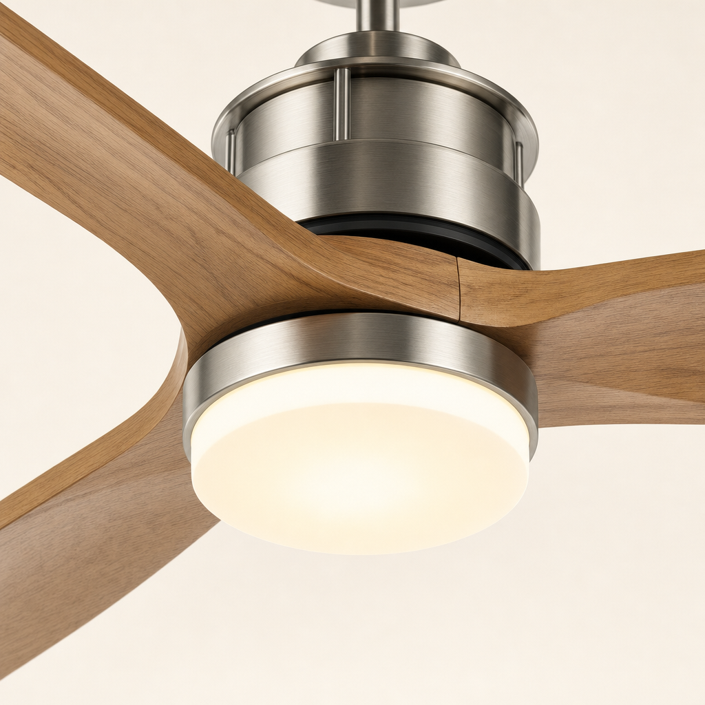 Satin Nickel and Natural Wood Ceiling Fan with Light - FAN929-A-01 — light diffuser trim close-up