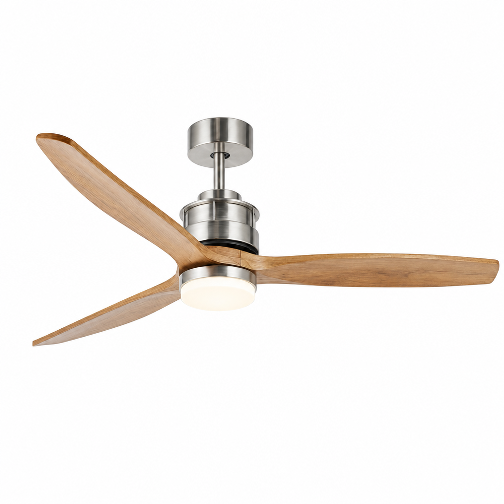 Satin Nickel and Natural Wood Ceiling Fan with Light - FAN929-A-01 — exact product on a seamless pure white background