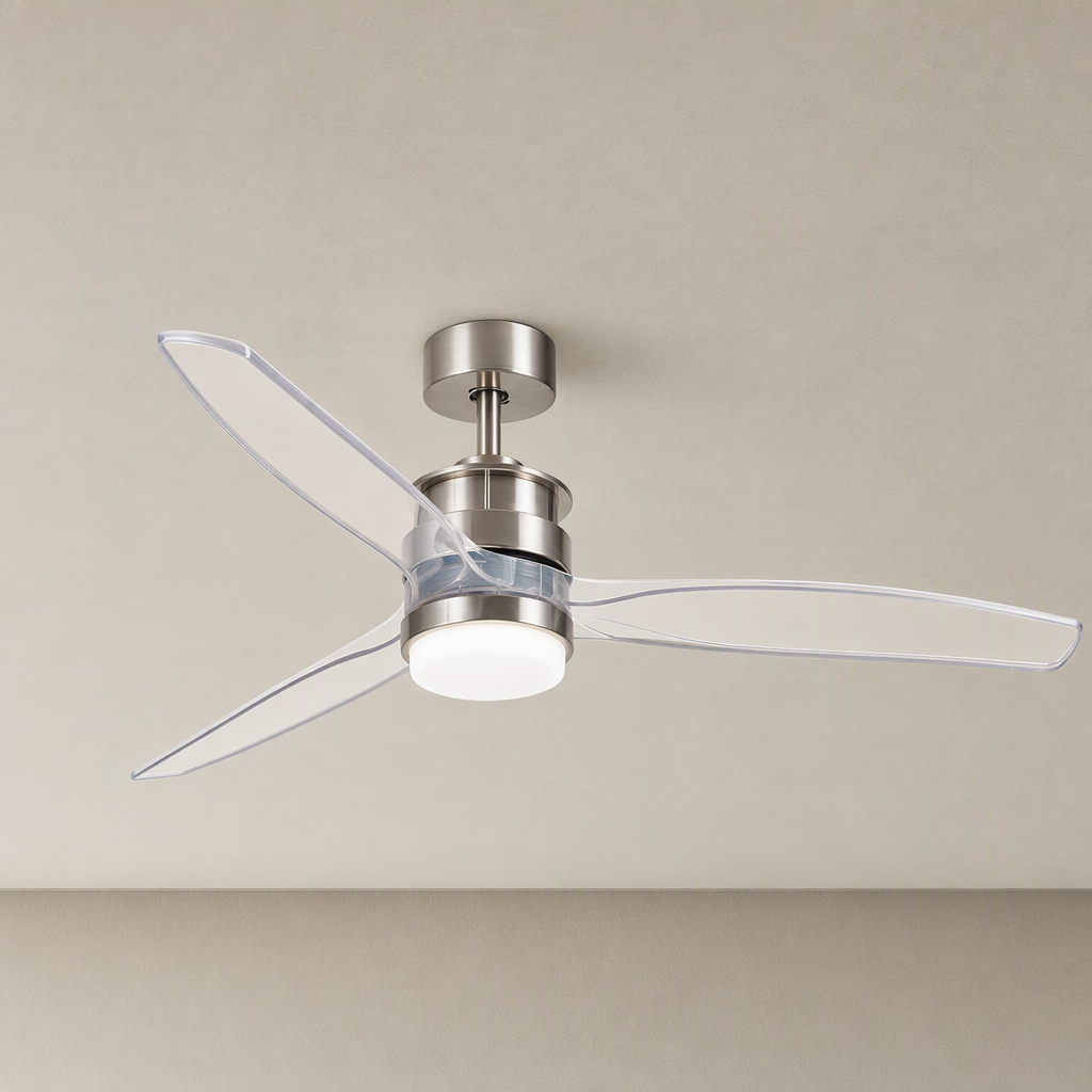 Satin Nickel and Clear-Blade Ceiling Fan with Light - FAN929-B-01 — Satin Nickel + Clear Blades clean installed product view on a warm neutral ceiling background