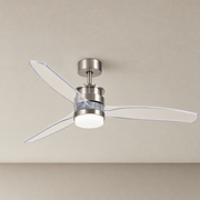 Satin Nickel and Clear-Blade Ceiling Fan with Light - FAN929-B-01 — Satin Nickel + Clear Blades clean installed product view on a warm neutral ceiling background