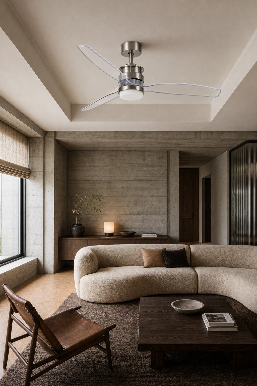 Satin Nickel and Clear-Blade Ceiling Fan with Light - FAN929-B-01 — brutalist living room scene