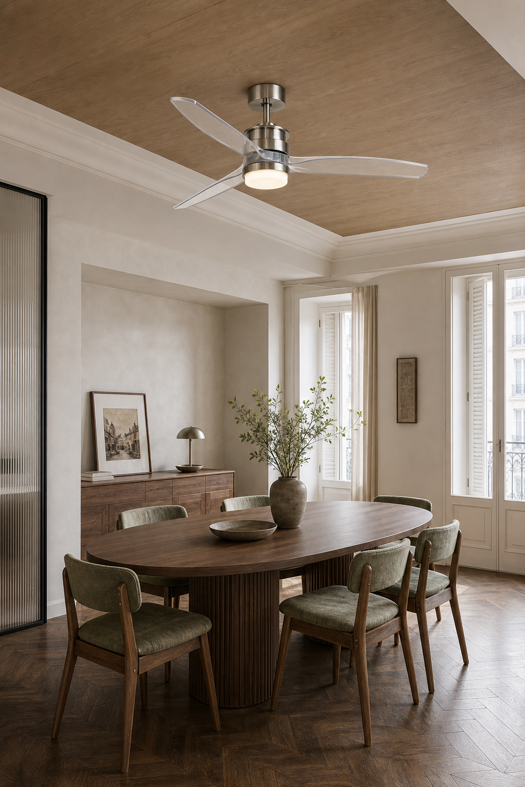 Satin Nickel and Clear-Blade Ceiling Fan with Light - FAN929-B-01 — parisian dining room scene