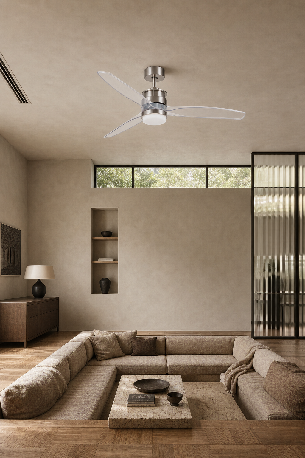 Satin Nickel and Clear-Blade Ceiling Fan with Light - FAN929-B-01 — desert modern living room scene
