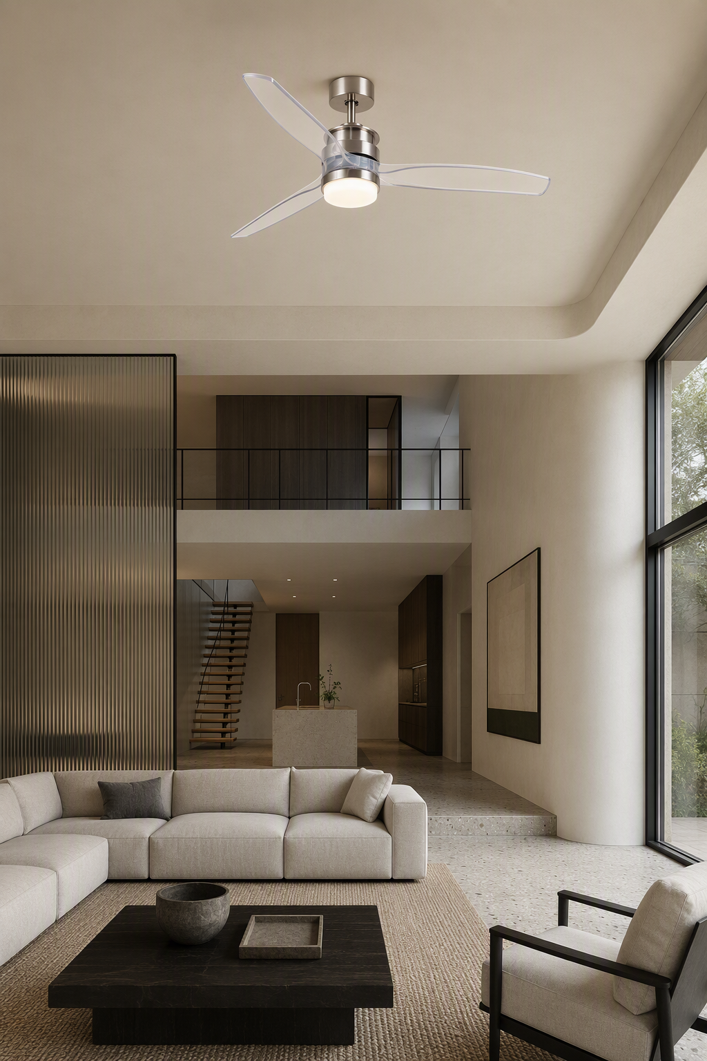 Satin Nickel and Clear-Blade Ceiling Fan with Light - FAN929-B-01 — double height living room scene