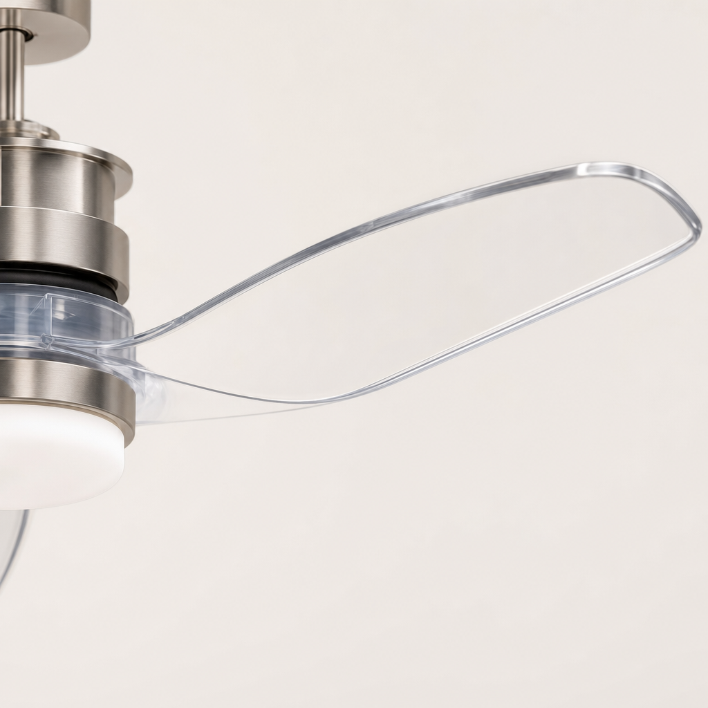 Satin Nickel and Clear-Blade Ceiling Fan with Light - FAN929-B-01 — blade material edge close-up