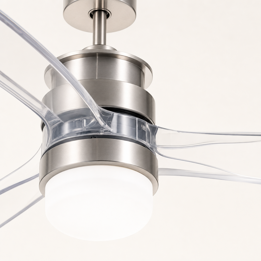 Satin Nickel and Clear-Blade Ceiling Fan with Light - FAN929-B-01 — housing blade joint close-up