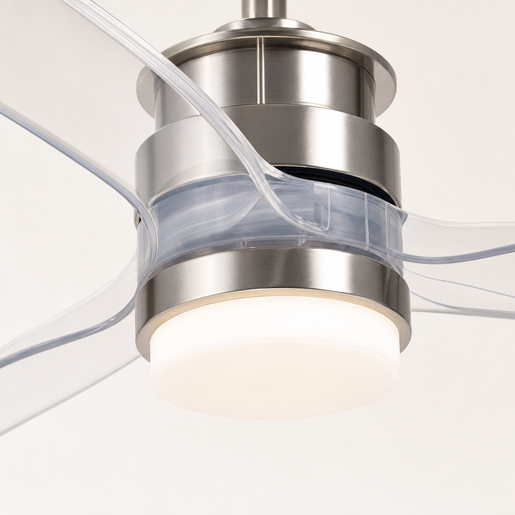 Satin Nickel and Clear-Blade Ceiling Fan with Light - FAN929-B-01 — light diffuser trim close-up