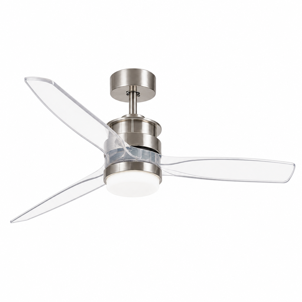 Satin Nickel and Clear-Blade Ceiling Fan with Light - FAN929-B-01 — exact product on a seamless pure white background