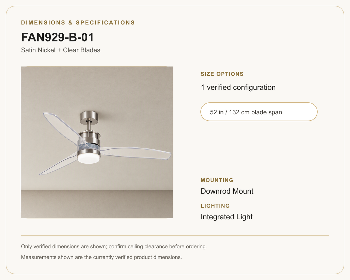 FAN929-B-01 ceiling fan dimensions and specifications
