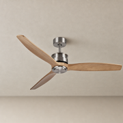 Satin Nickel and Natural Wood Ceiling Fan - FAN929-B-02 — Satin Nickel + Natural Wood Blades clean installed product view on a warm neutral ceiling background