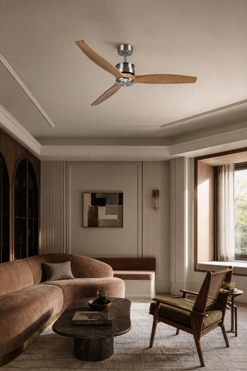 Satin Nickel and Natural Wood Ceiling Fan - FAN929-B-02 — art deco lounge room scene