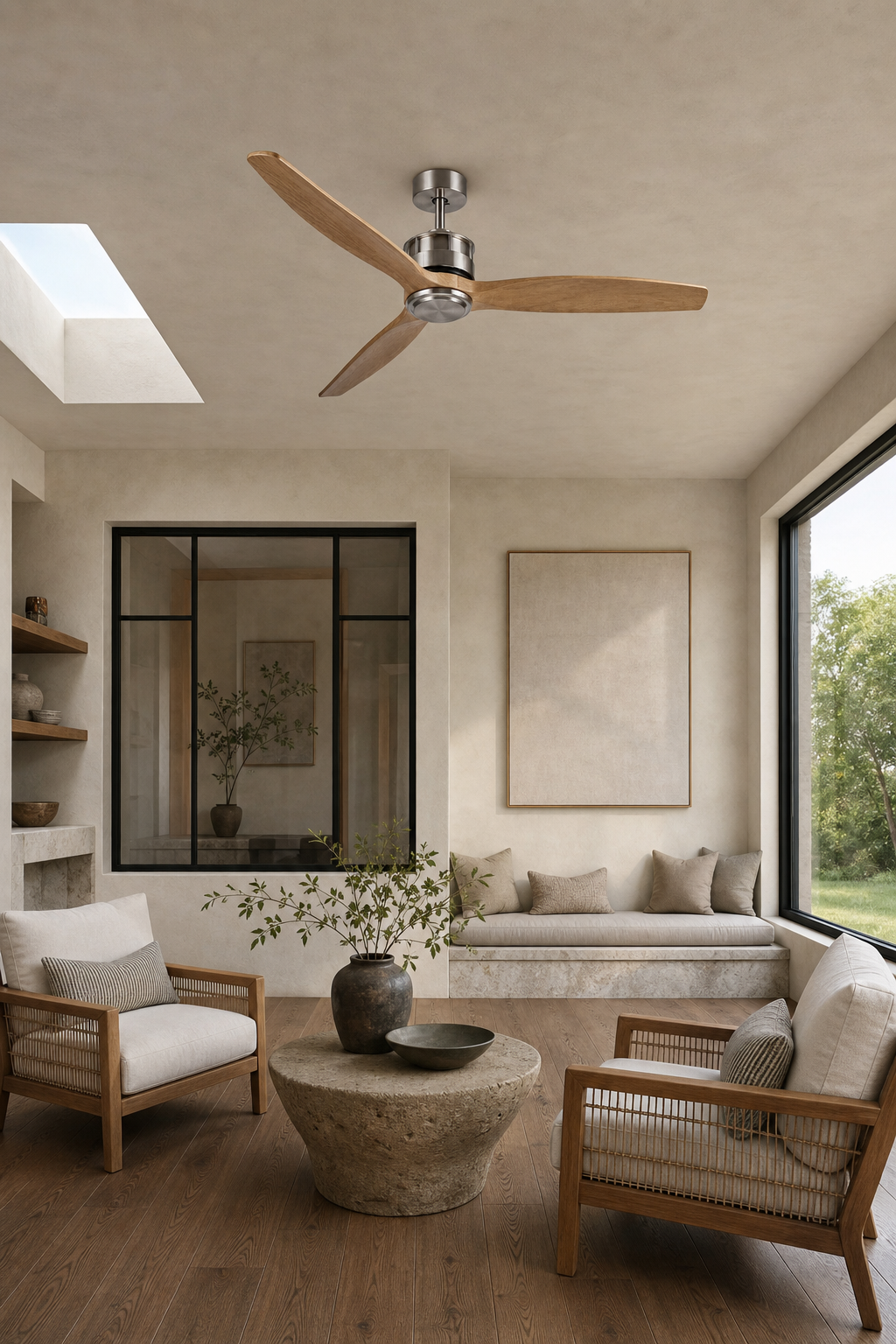 Satin Nickel and Natural Wood Ceiling Fan - FAN929-B-02 — limestone sunroom room scene