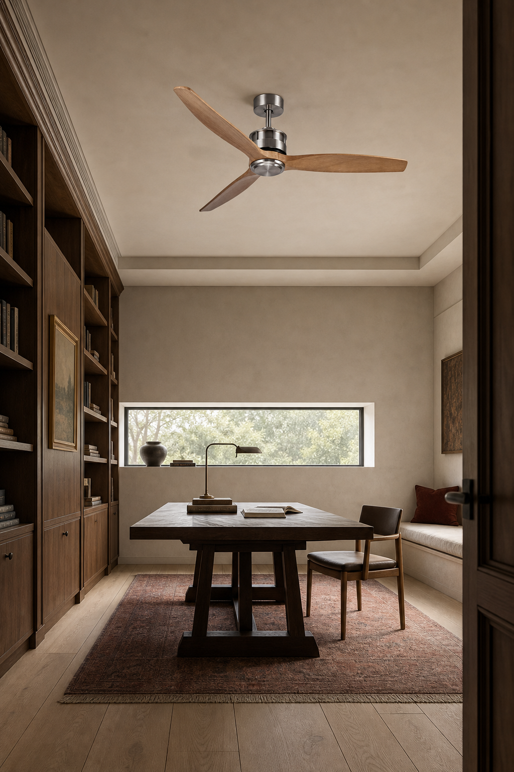 Satin Nickel and Natural Wood Ceiling Fan - FAN929-B-02 — formal library room scene
