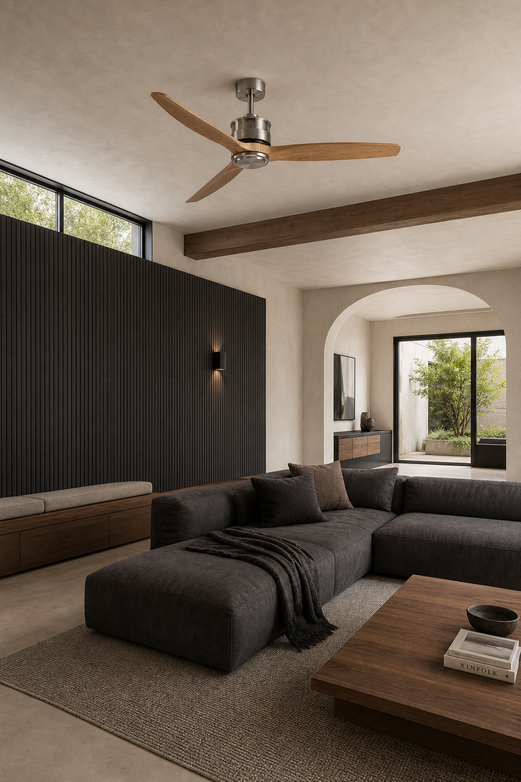 Satin Nickel and Natural Wood Ceiling Fan - FAN929-B-02 — media den room scene