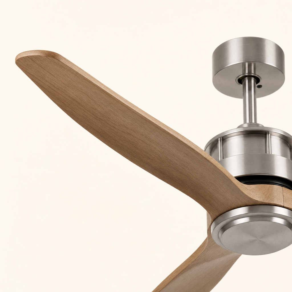 Satin Nickel and Natural Wood Ceiling Fan - FAN929-B-02 — blade material edge close-up