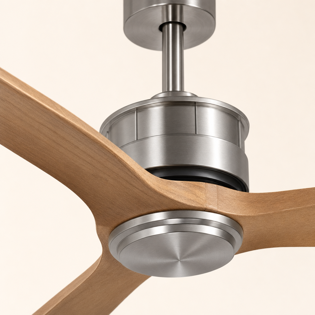 Satin Nickel and Natural Wood Ceiling Fan - FAN929-B-02 — housing blade joint close-up
