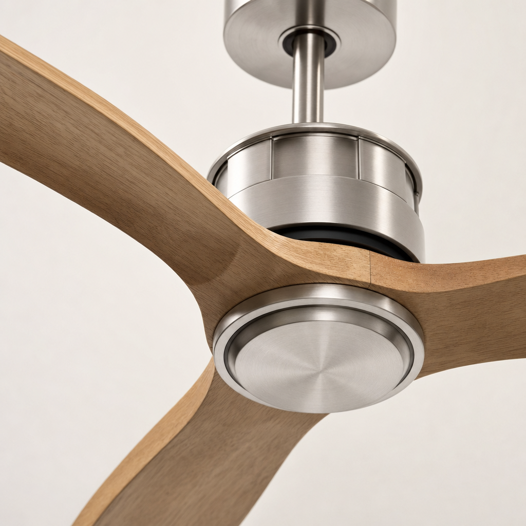 Satin Nickel and Natural Wood Ceiling Fan - FAN929-B-02 — lower cap finish close-up