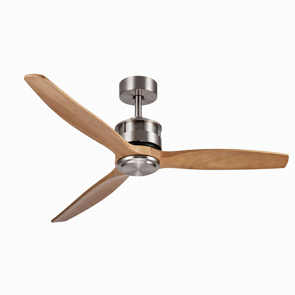 Satin Nickel and Natural Wood Ceiling Fan - FAN929-B-02 — exact product on a seamless pure white background