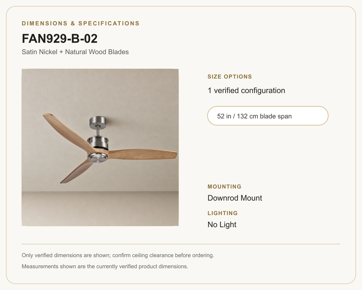 FAN929-B-02 ceiling fan dimensions and specifications