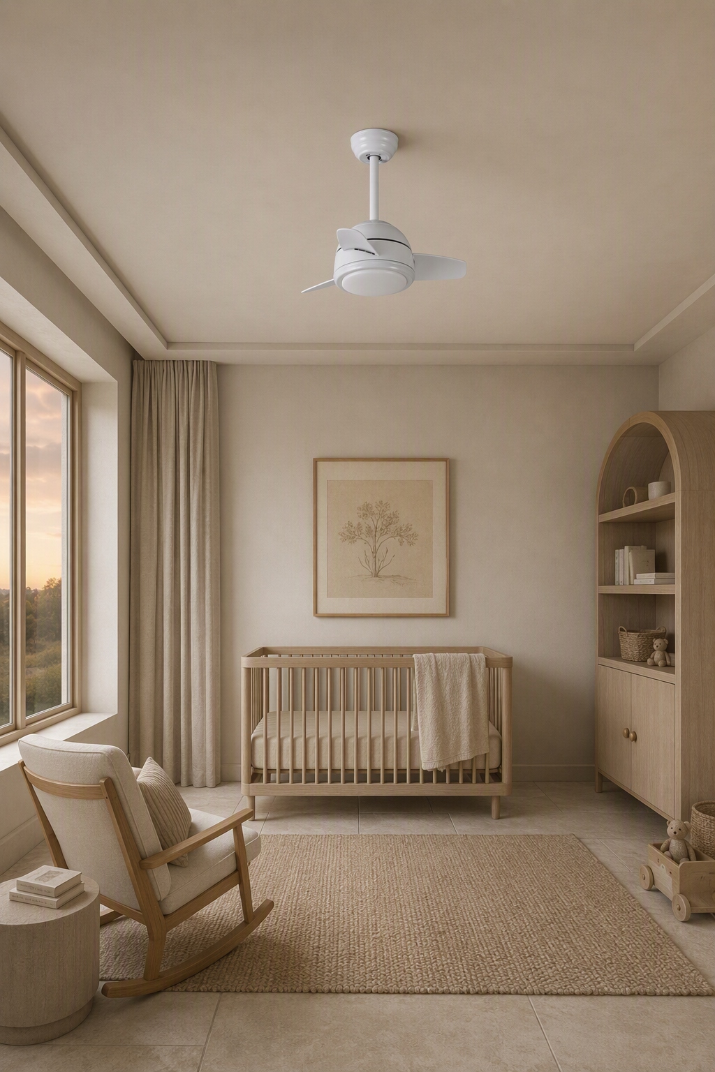 White Compact Ceiling Fan with Light - FAN930-01 — nursery room scene
