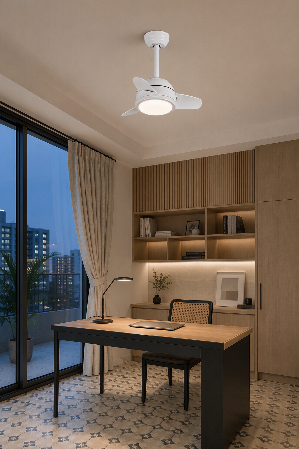 White Compact Ceiling Fan with Light - FAN930-01 — compact home office room scene