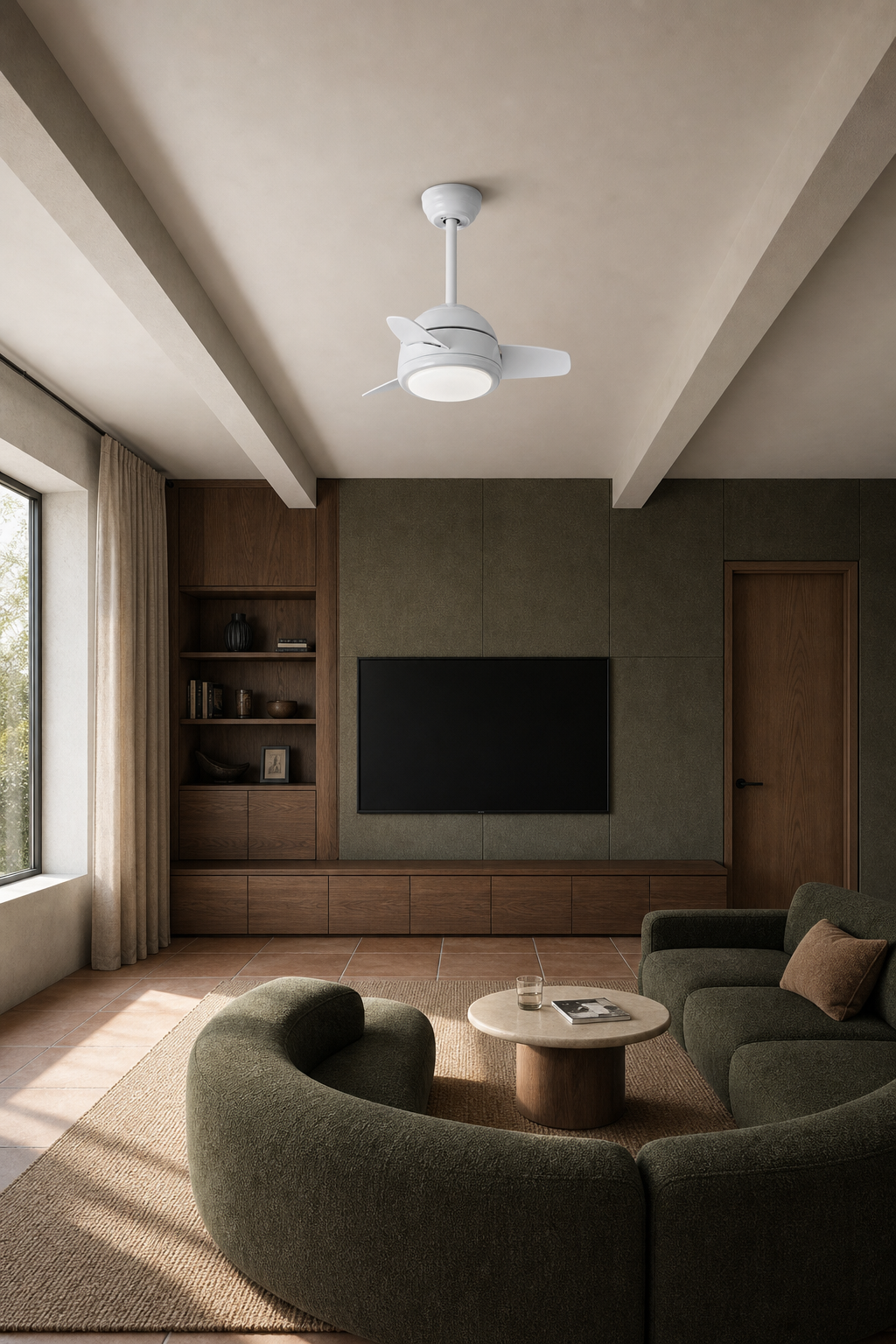 White Compact Ceiling Fan with Light - FAN930-01 — compact media room room scene
