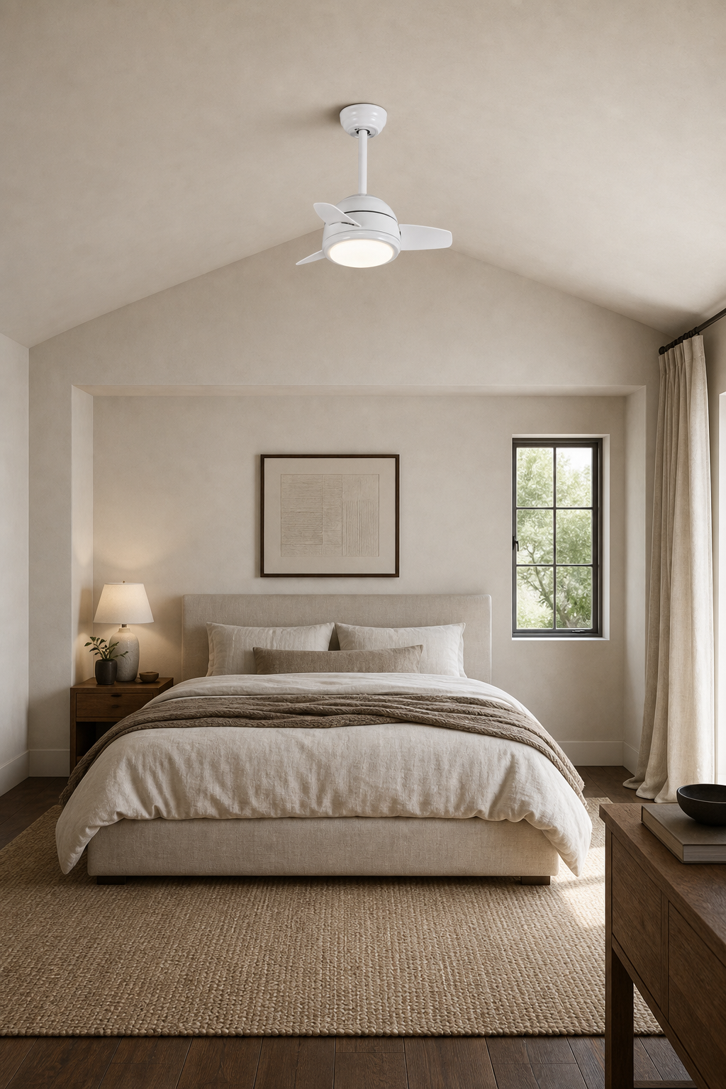 White Compact Ceiling Fan with Light - FAN930-01 — guest bedroom alcove room scene